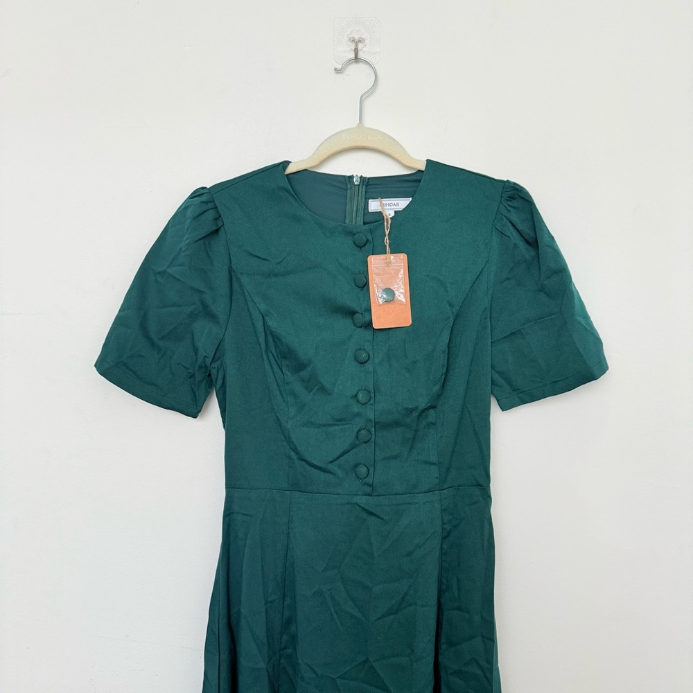 Rihoas Green Puffed Sleeve Button Midi Dress - Picture 7 of 8